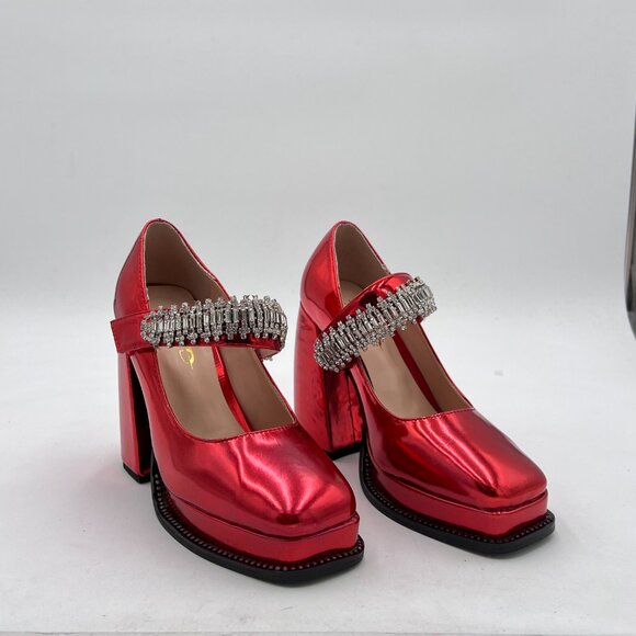 XYD Red Bling Rhinestones Strap Platform Mary Jane Square Toe High Chunky Pumps - Picture 4 of 8